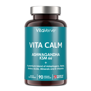 Vita Calm All-in-one Stress Relief with Ashwagandha KSM 66 12000mg (High Strength 12:1 Extract) Rhodiola Rosea, Passion Flower, Lemon Balm, Bacopa, L- Theanine, Magnesium, B Complex, Folate & Zinc